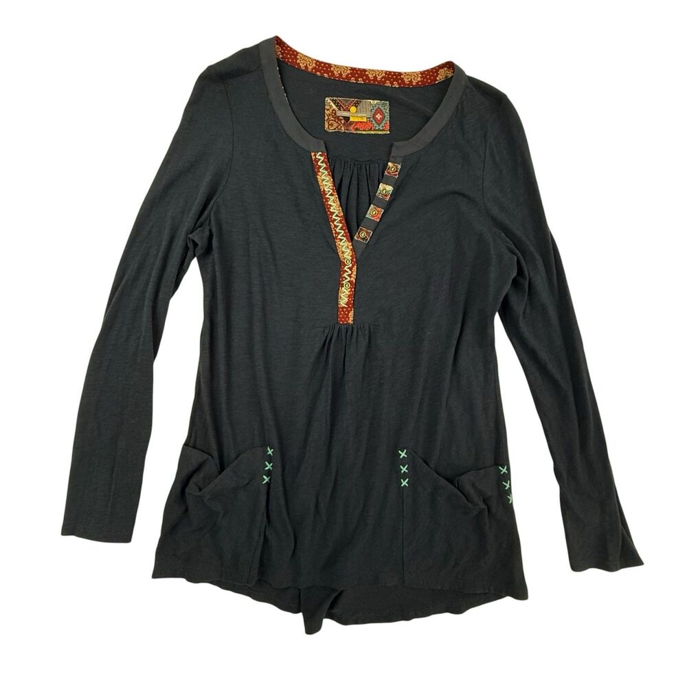 Anthropologie Little Yellow Button Henley Tunic Top Women Large Blue Embroidered